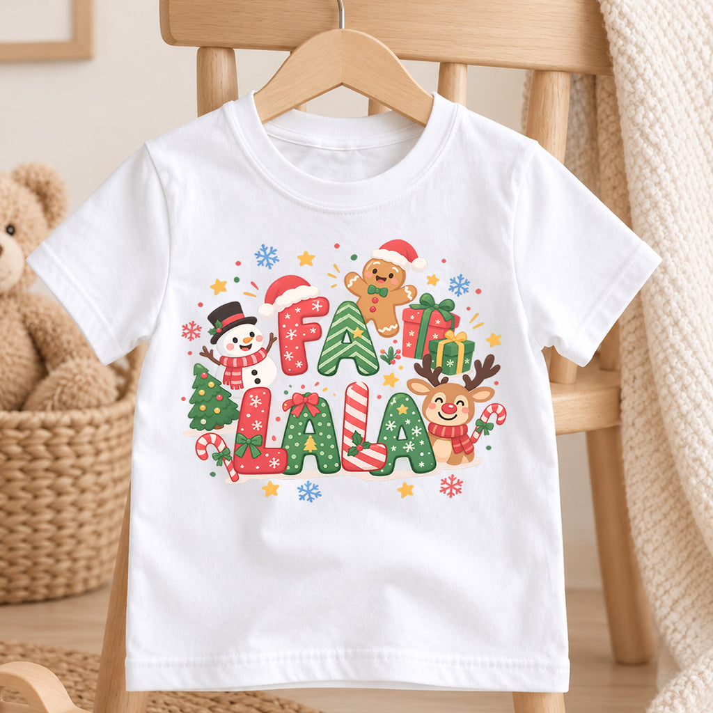 Fa La La Kids Christmas Shirt, Cute Reindeer Snowman Gingerbread Tee, Colorful Holiday Shirt for Kids, Fun Festive Christmas Gift — product view 4