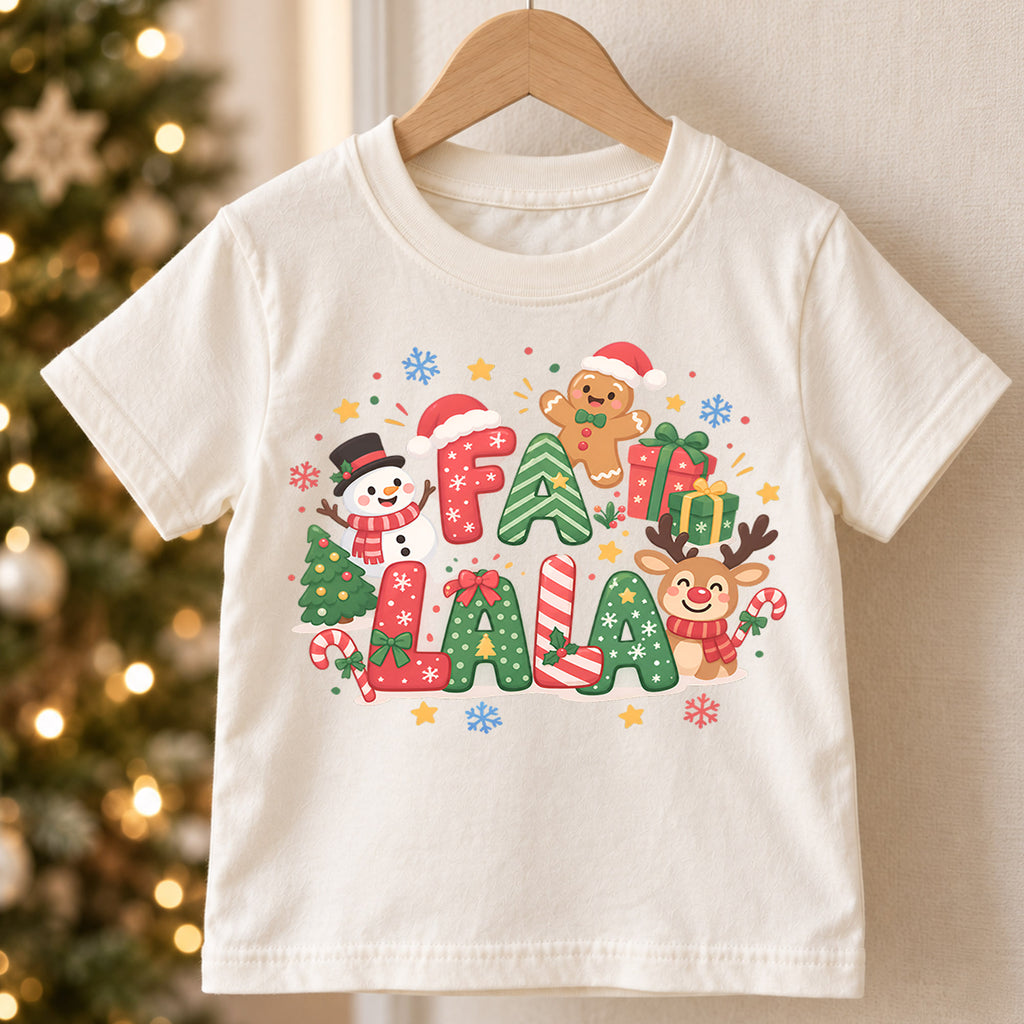 Fa La La Kids Christmas Shirt, Cute Reindeer Snowman Gingerbread Tee, Colorful Holiday Shirt for Kids, Fun Festive Christmas Gift — product view 5