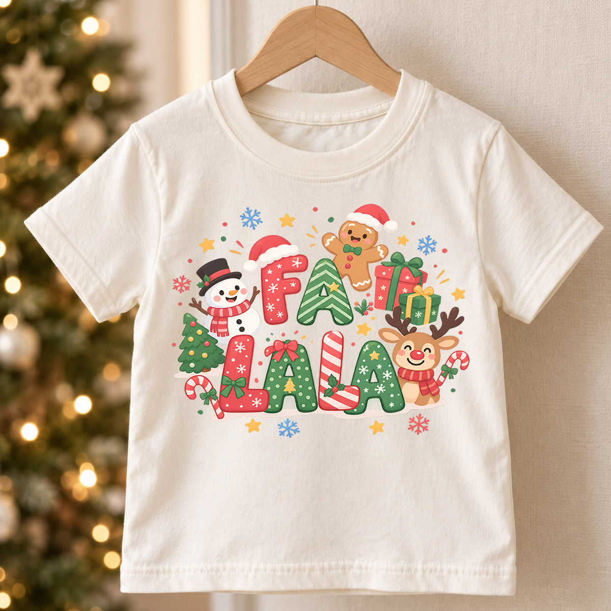 Fa La La Kids Christmas Shirt, Cute Reindeer Snowman Gingerbread Tee, Colorful Holiday Shirt for Kids, Fun Festive Christmas Gift — product view 5