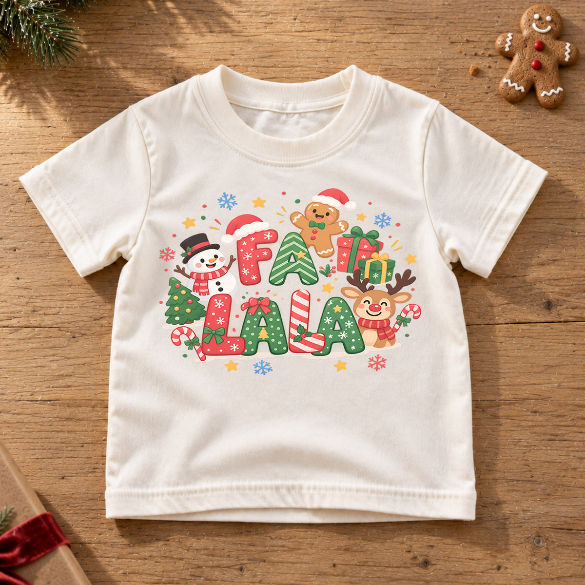 Fa La La Kids Christmas Shirt, Cute Reindeer Snowman Gingerbread Tee, Colorful Holiday Shirt for Kids, Fun Festive Christmas Gift — product view 6
