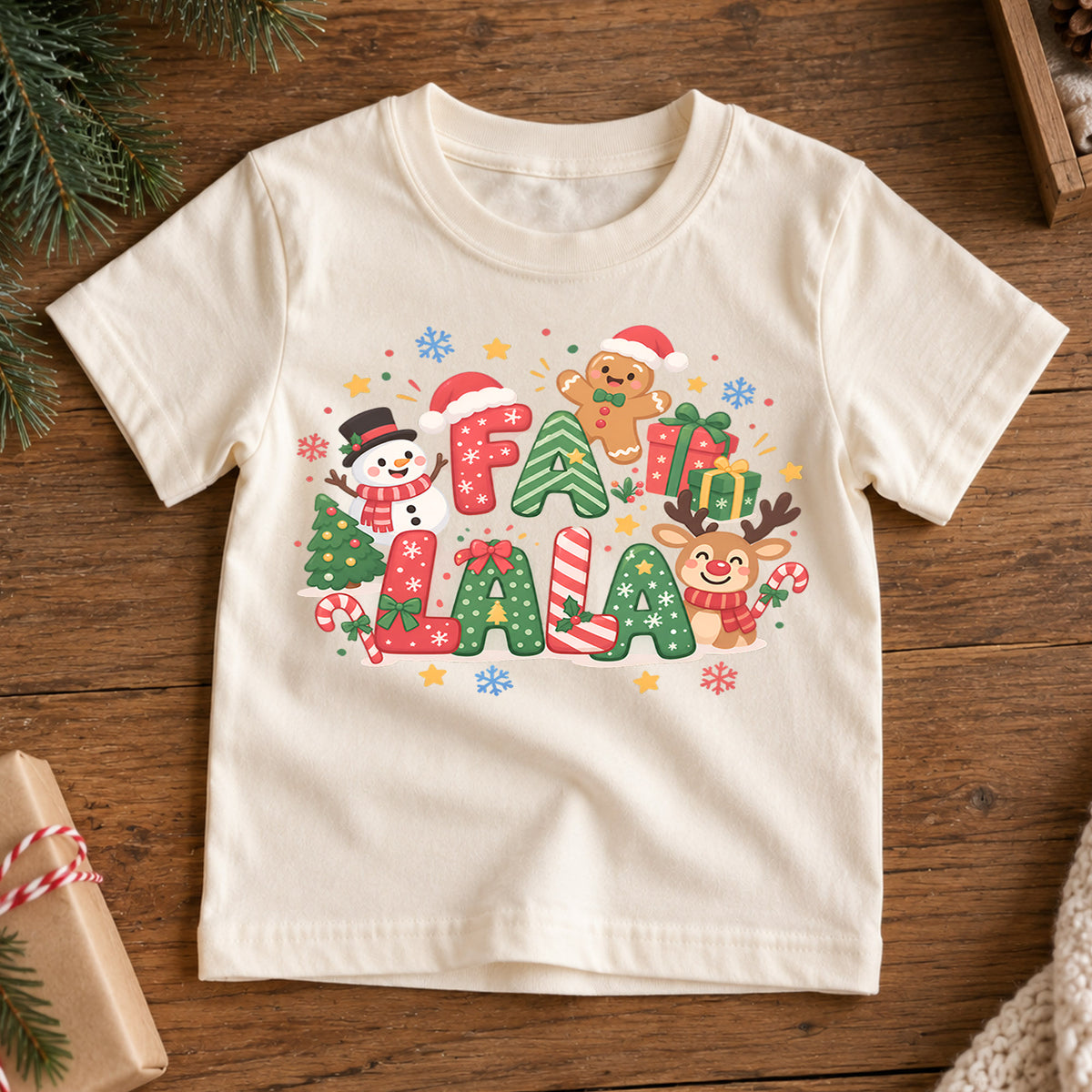 Fa La La Kids Christmas Shirt, Cute Reindeer Snowman Gingerbread Tee, Colorful Holiday Shirt for Kids, Fun Festive Christmas Gift — product view 7