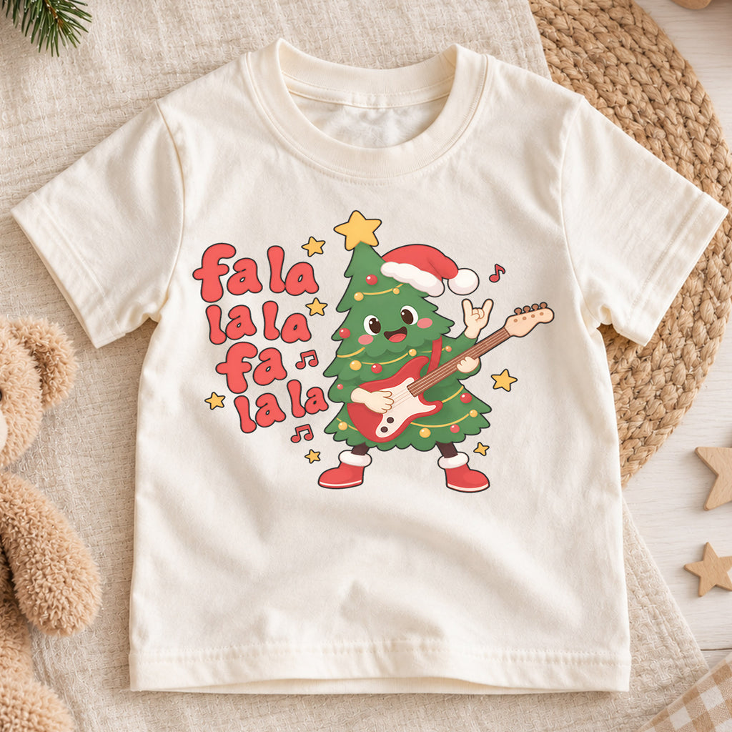 Fa La La Christmas Kids Shirt, Rocking Christmas Tree Guitar Tee, Funny Music Holiday Shirt for Kids, Cute Christmas Outfit for Music Lovers — product view 1