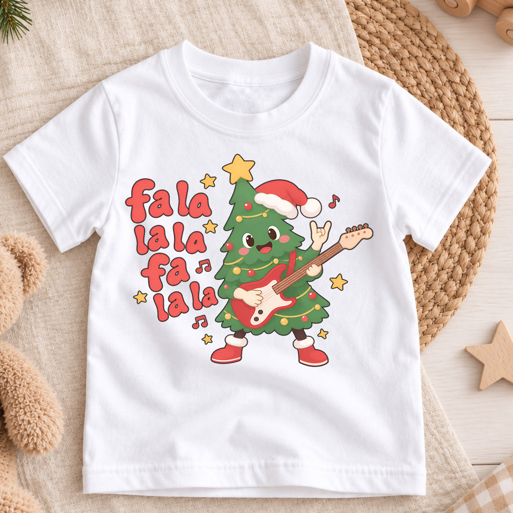 Fa La La Christmas Kids Shirt, Rocking Christmas Tree Guitar Tee, Funny Music Holiday Shirt for Kids, Cute Christmas Outfit for Music Lovers — product view 3
