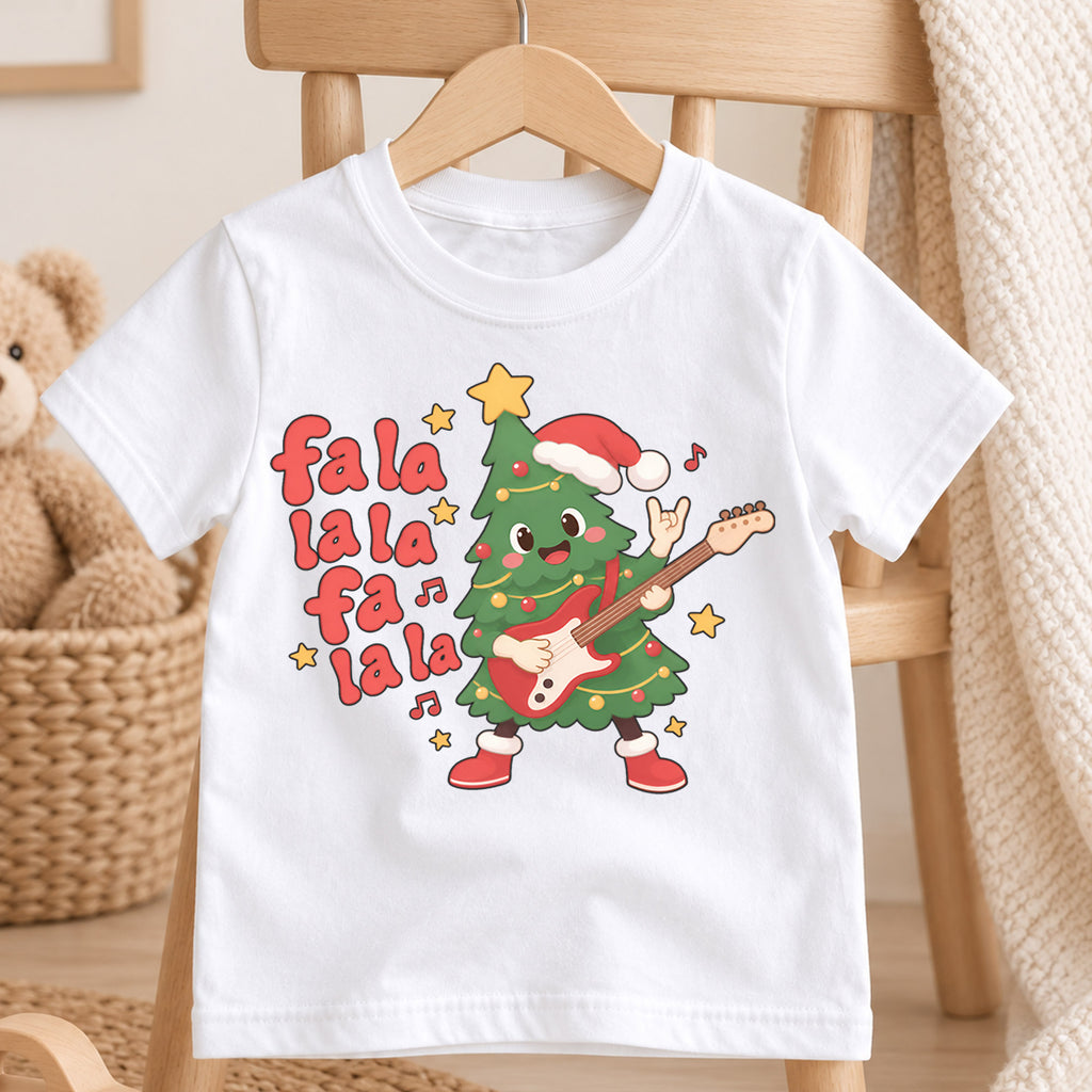 Fa La La Christmas Kids Shirt, Rocking Christmas Tree Guitar Tee, Funny Music Holiday Shirt for Kids, Cute Christmas Outfit for Music Lovers — product view 4