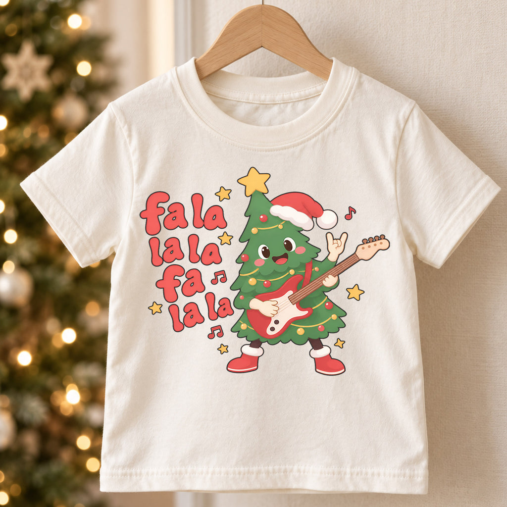 Fa La La Christmas Kids Shirt, Rocking Christmas Tree Guitar Tee, Funny Music Holiday Shirt for Kids, Cute Christmas Outfit for Music Lovers — product view 5