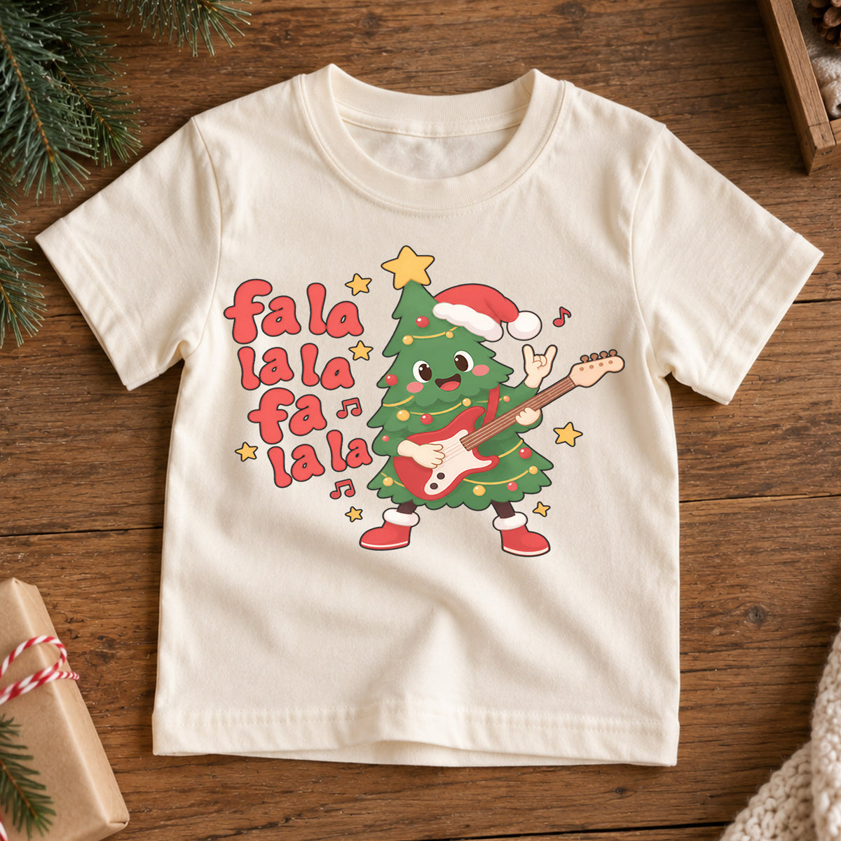 Fa La La Christmas Kids Shirt, Rocking Christmas Tree Guitar Tee, Funny Music Holiday Shirt for Kids, Cute Christmas Outfit for Music Lovers — product view 7