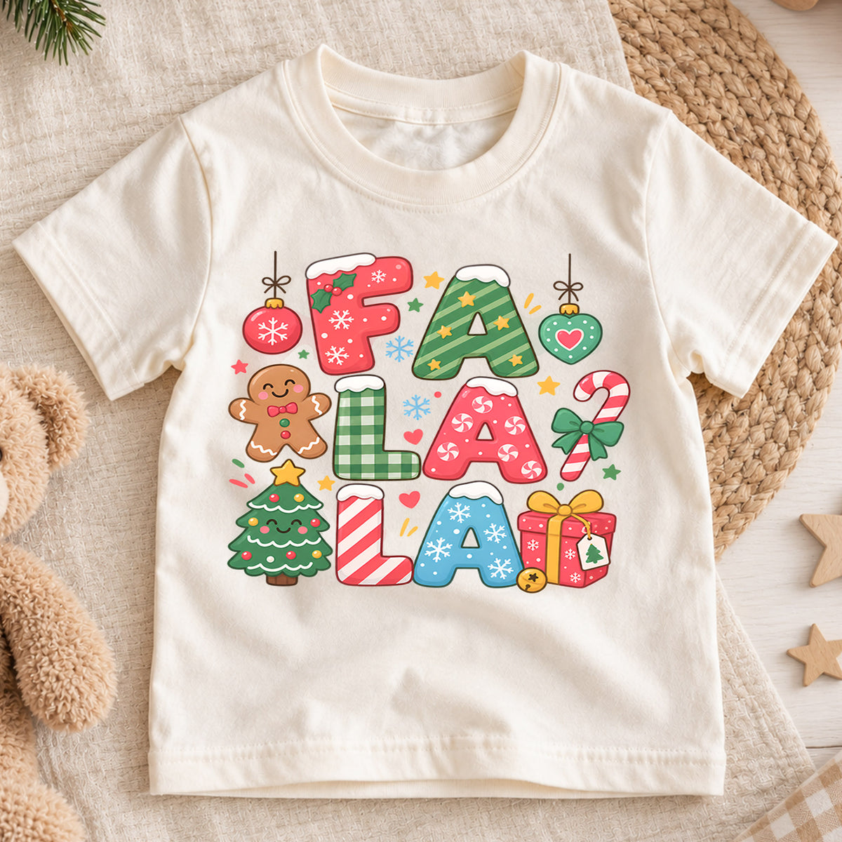 Fa La La Kids Christmas Shirt, Gingerbread Candy Cane Holiday Tee, Colorful Christmas Letter Shirt for Kids, Sweet Festive Xmas Gift — product view 1