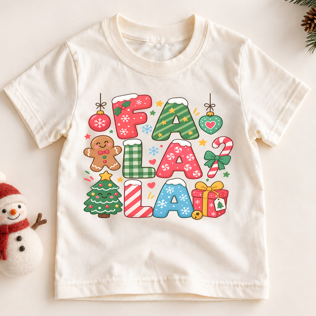 Fa La La Kids Christmas Shirt, Gingerbread Candy Cane Holiday Tee, Colorful Christmas Letter Shirt for Kids, Sweet Festive Xmas Gift — product view 2
