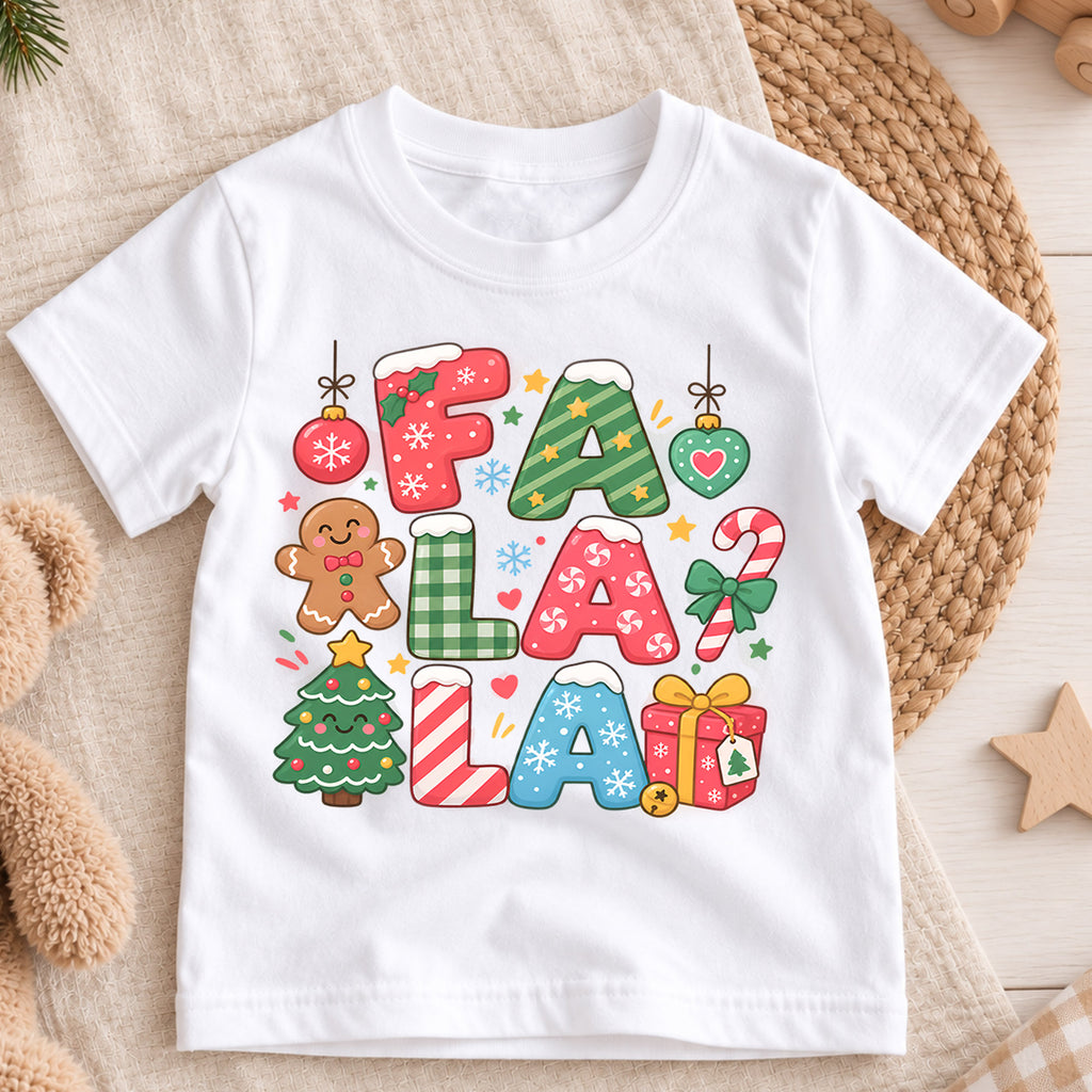Fa La La Kids Christmas Shirt, Gingerbread Candy Cane Holiday Tee, Colorful Christmas Letter Shirt for Kids, Sweet Festive Xmas Gift — product view 3
