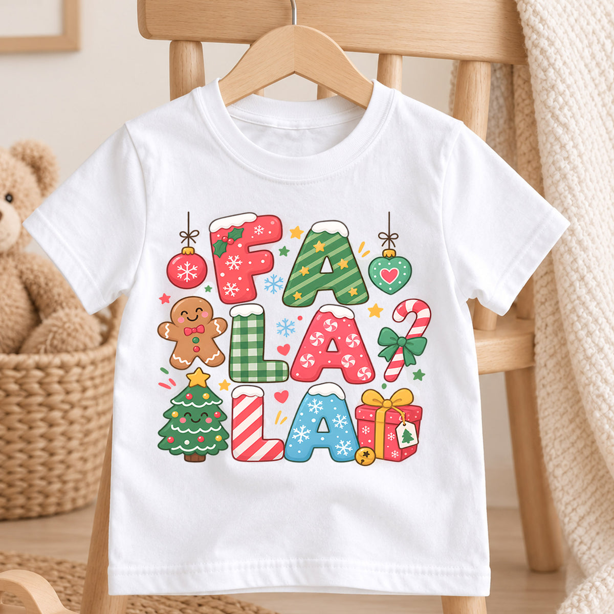 Fa La La Kids Christmas Shirt, Gingerbread Candy Cane Holiday Tee, Colorful Christmas Letter Shirt for Kids, Sweet Festive Xmas Gift — product view 4