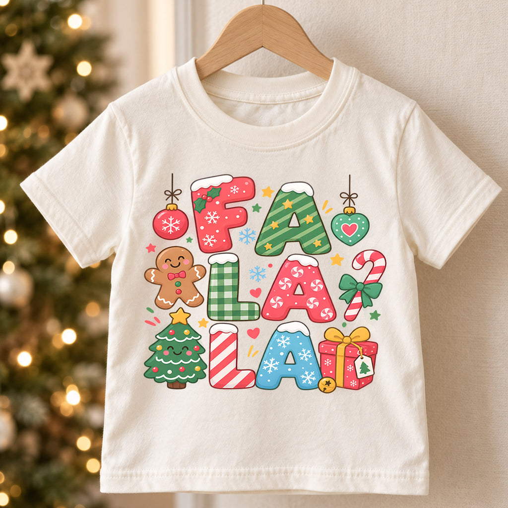 Fa La La Kids Christmas Shirt, Gingerbread Candy Cane Holiday Tee, Colorful Christmas Letter Shirt for Kids, Sweet Festive Xmas Gift — product view 5