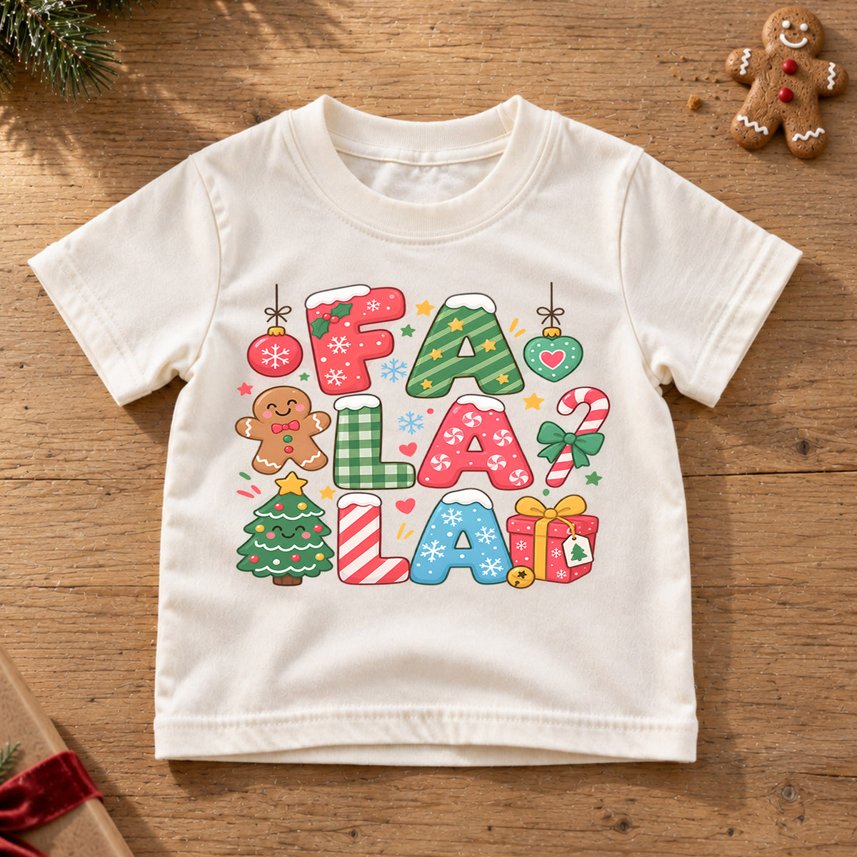 Fa La La Kids Christmas Shirt, Gingerbread Candy Cane Holiday Tee, Colorful Christmas Letter Shirt for Kids, Sweet Festive Xmas Gift — product view 6
