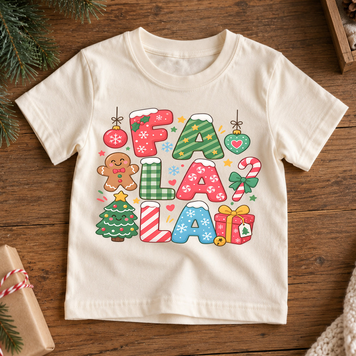 Fa La La Kids Christmas Shirt, Gingerbread Candy Cane Holiday Tee, Colorful Christmas Letter Shirt for Kids, Sweet Festive Xmas Gift — product view 7