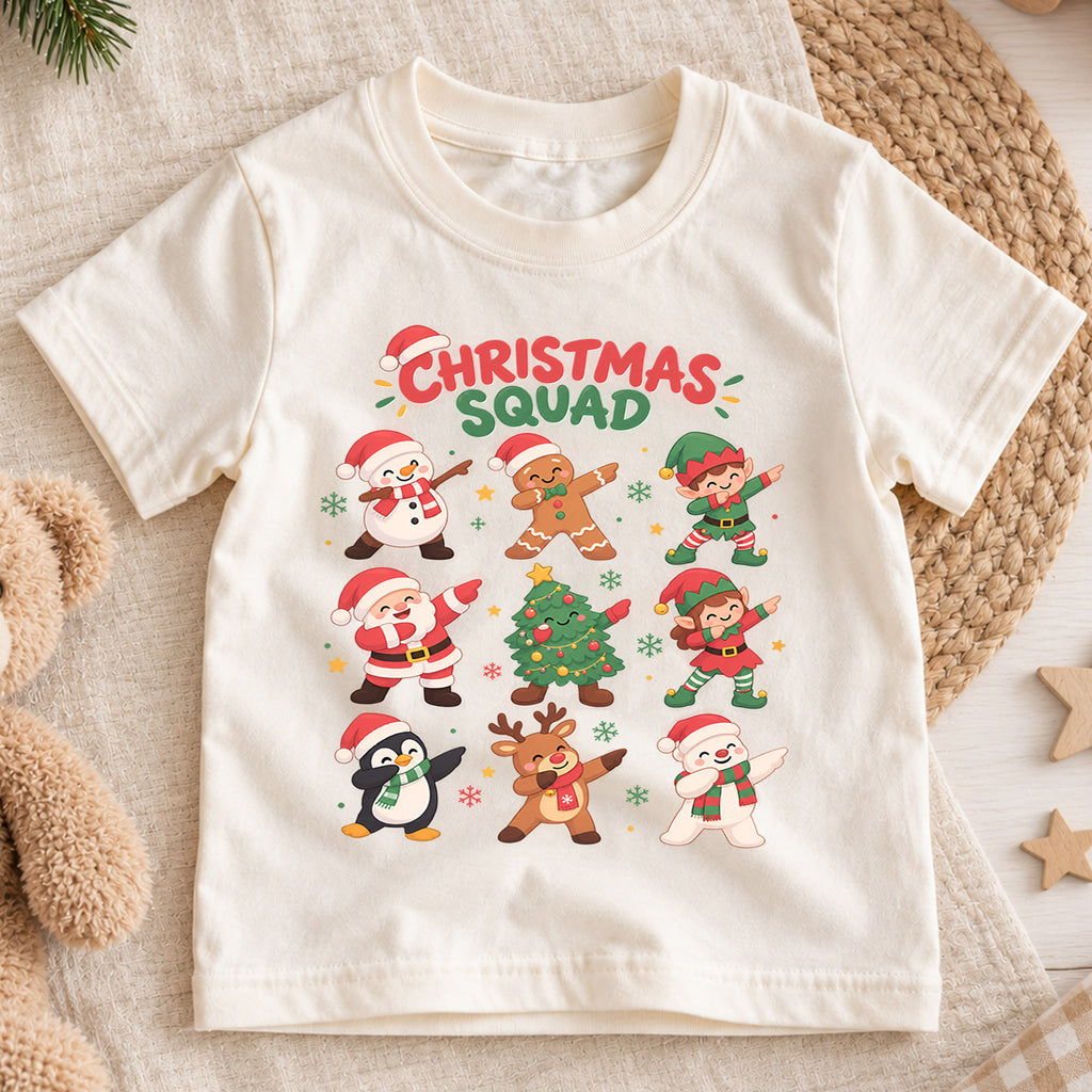 Christmas Squad Kids T-Shirt, Dabbing Santa Snowman Reindeer Penguin Holiday Tee — product view 1