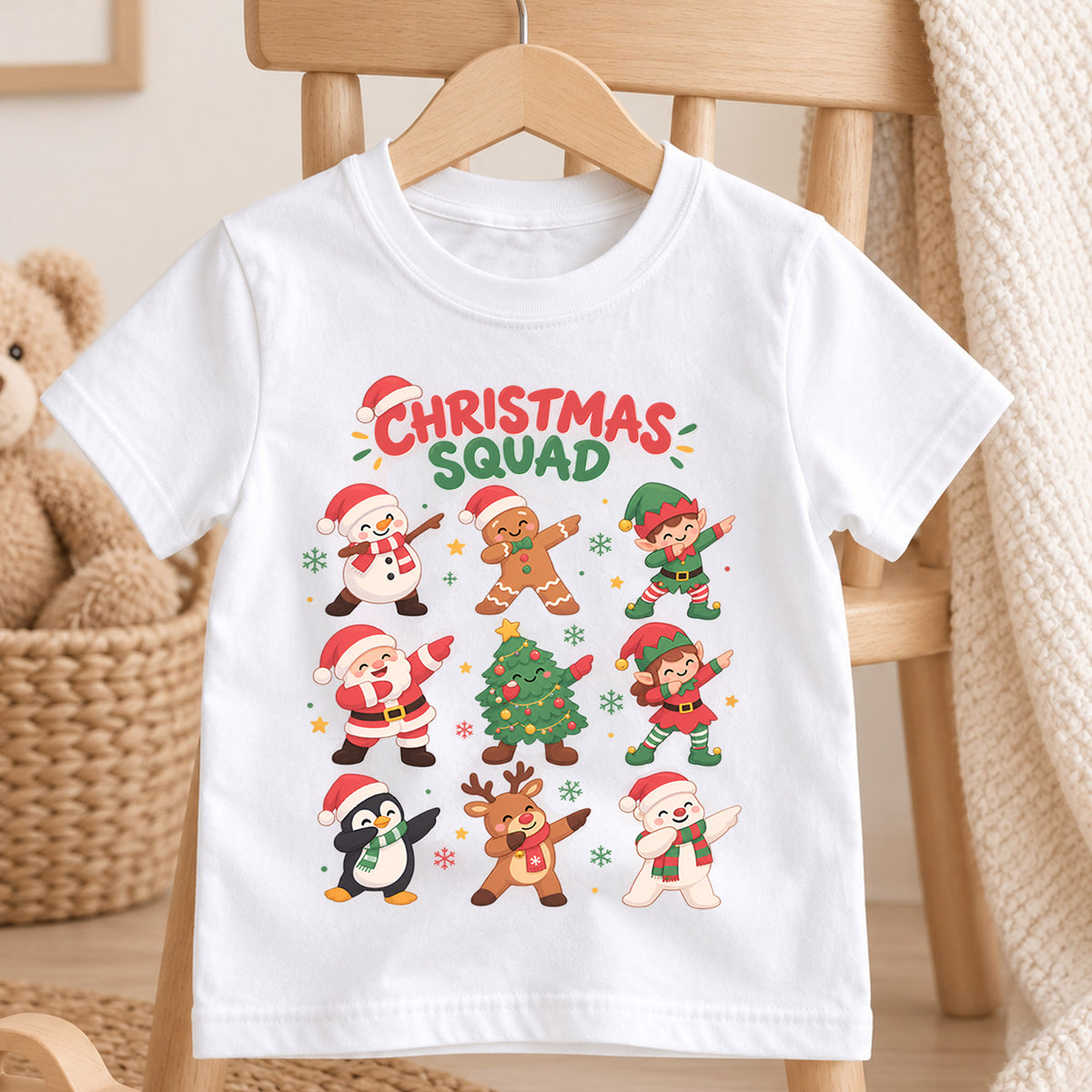 Christmas Squad Kids T-Shirt, Dabbing Santa Snowman Reindeer Penguin Holiday Tee — product view 4