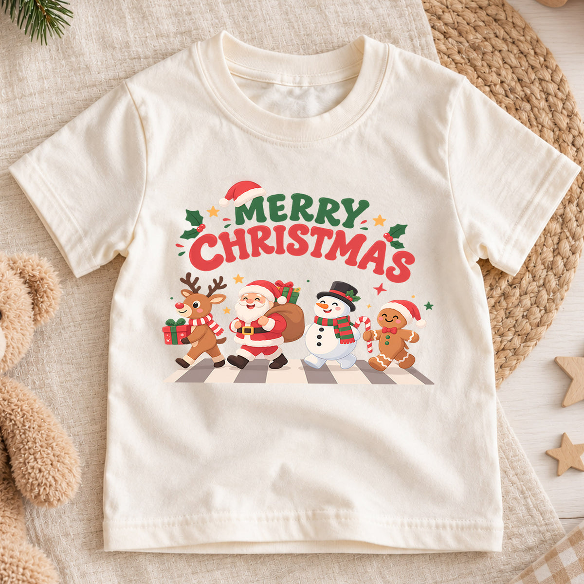 Merry Christmas Kids T-Shirt, Santa Reindeer Snowman Gingerbread Holiday Tee — product view 1