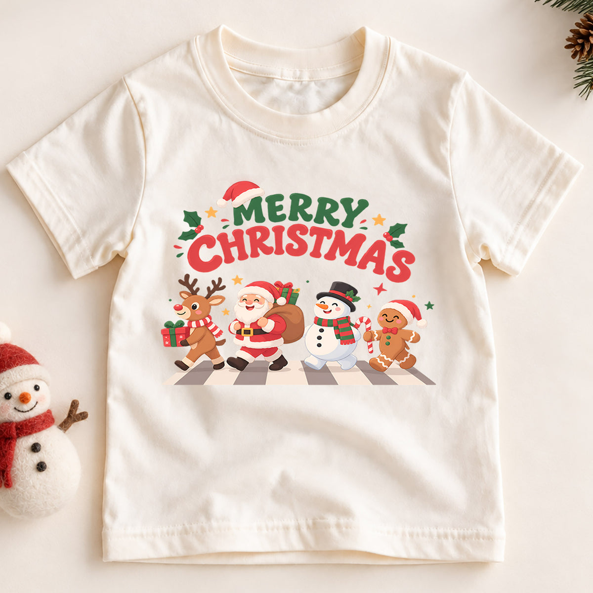Merry Christmas Kids T-Shirt, Santa Reindeer Snowman Gingerbread Holiday Tee — product view 2