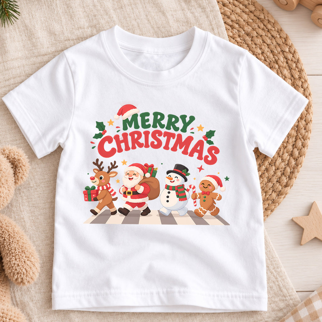 Merry Christmas Kids T-Shirt, Santa Reindeer Snowman Gingerbread Holiday Tee — product view 3