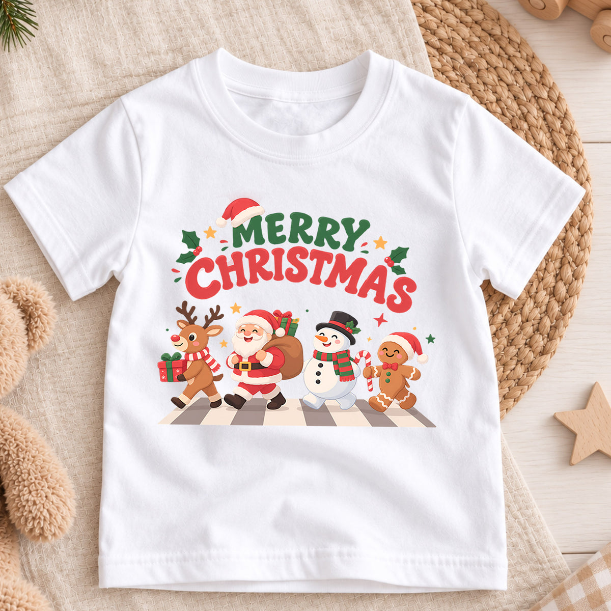 Merry Christmas Kids T-Shirt, Santa Reindeer Snowman Gingerbread Holiday Tee — product view 3