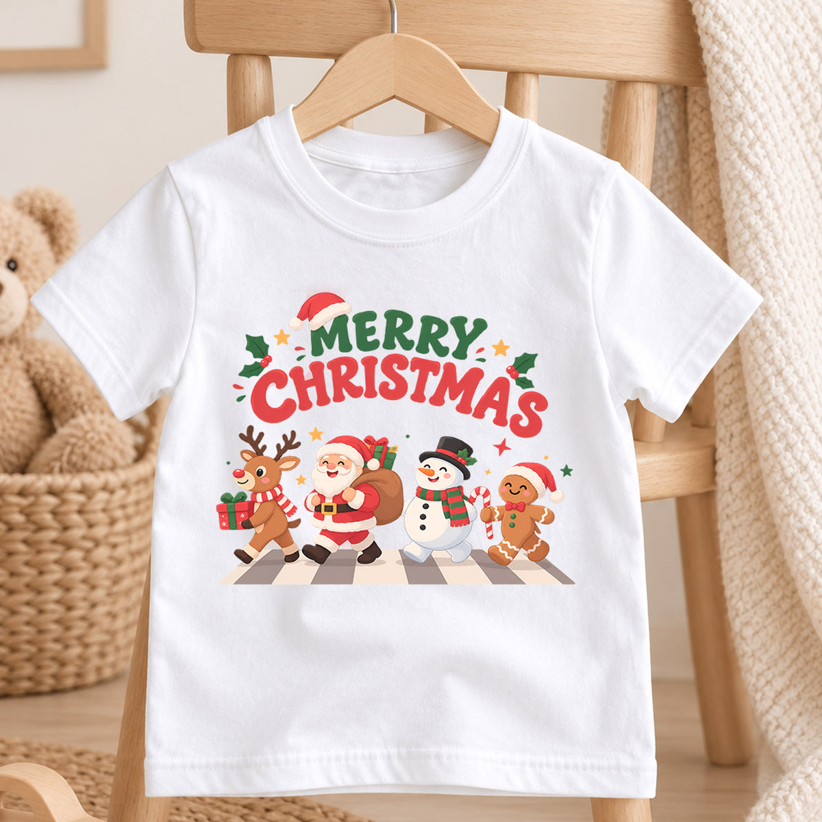 Merry Christmas Kids T-Shirt, Santa Reindeer Snowman Gingerbread Holiday Tee — product view 4