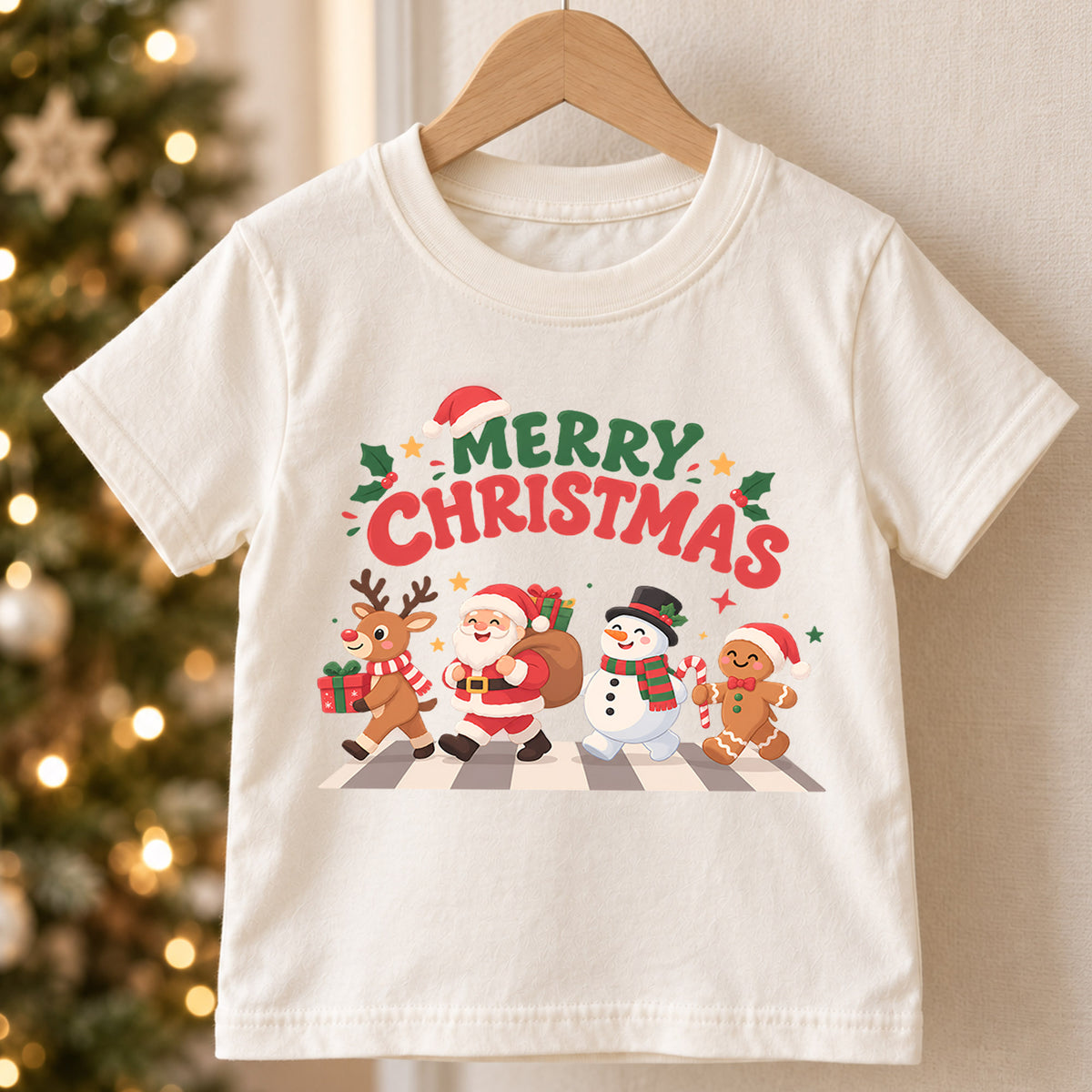Merry Christmas Kids T-Shirt, Santa Reindeer Snowman Gingerbread Holiday Tee — product view 5