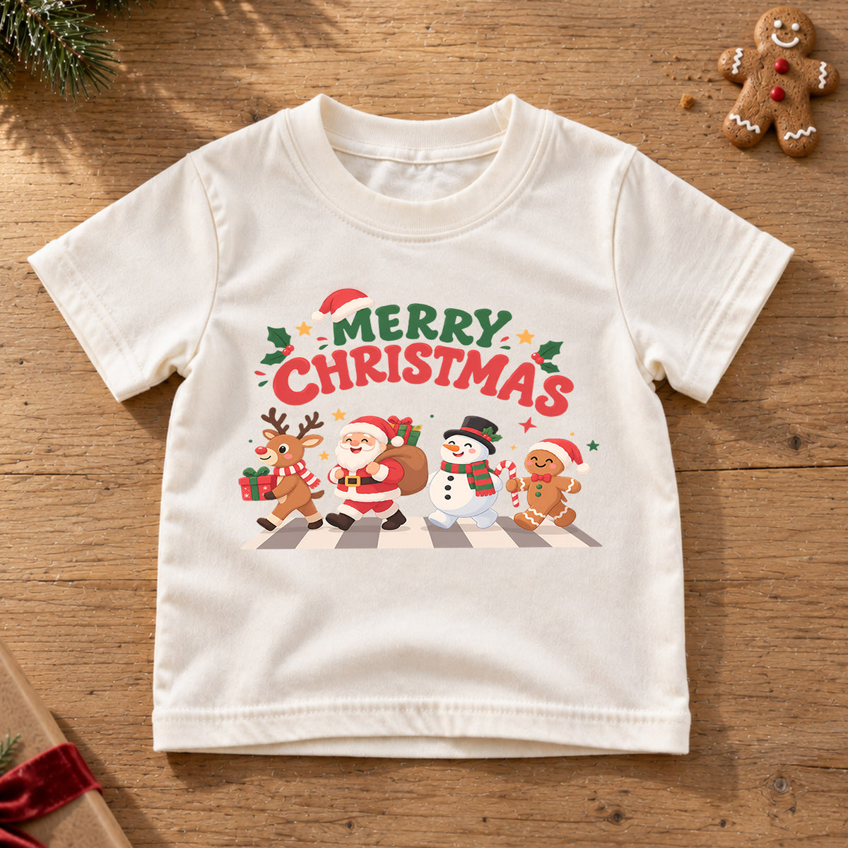Merry Christmas Kids T-Shirt, Santa Reindeer Snowman Gingerbread Holiday Tee — product view 6