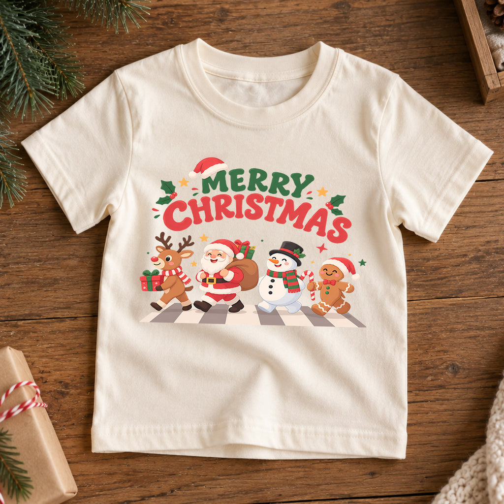 Merry Christmas Kids T-Shirt, Santa Reindeer Snowman Gingerbread Holiday Tee — product view 7