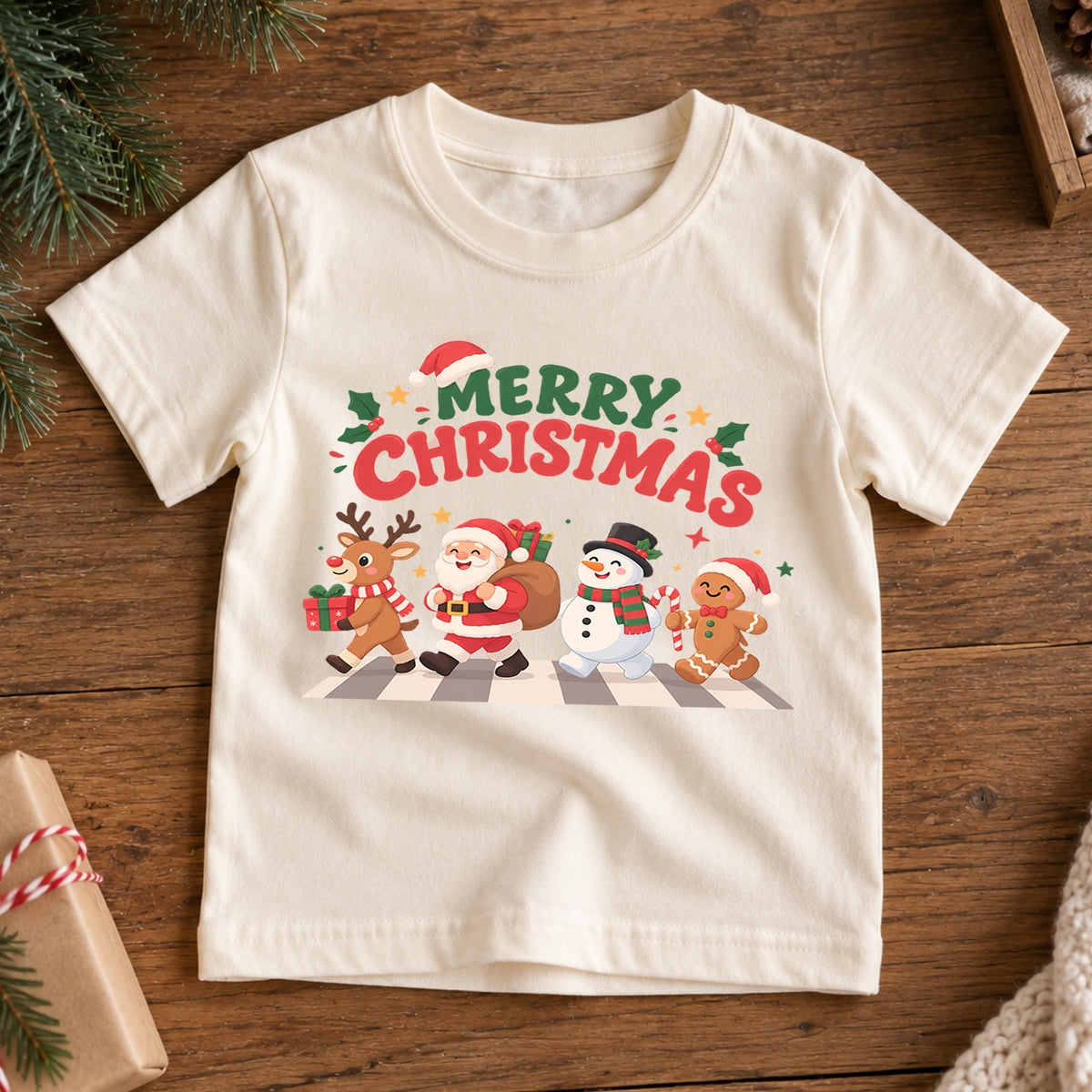 Merry Christmas Kids T-Shirt, Santa Reindeer Snowman Gingerbread Holiday Tee — product view 7
