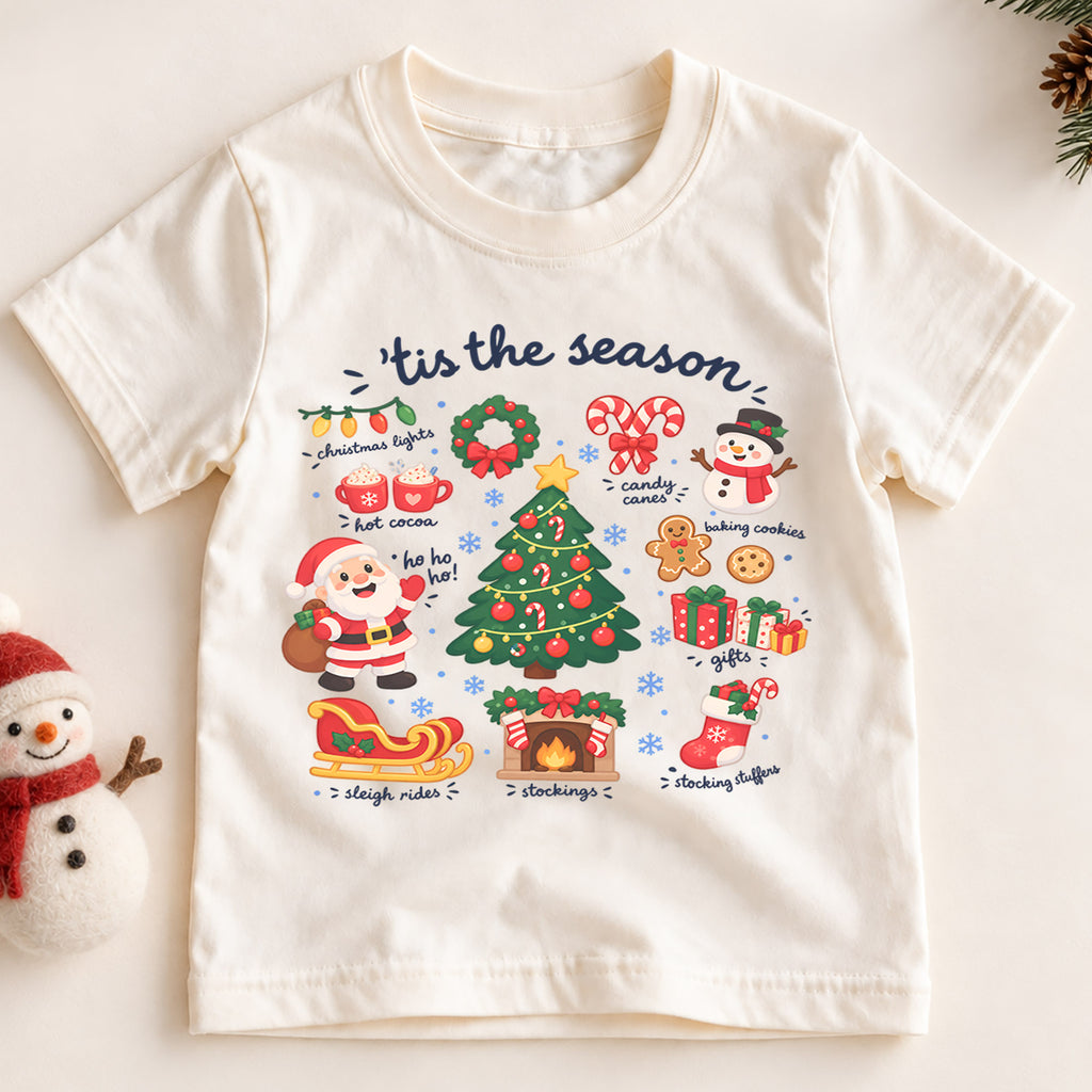 Tis the Season Kids Christmas Shirt, Santa Tree Holiday T Shirt, Cute Xmas Outfit for Kids, Festive Holiday Gift for Boys and Girls — product view 2