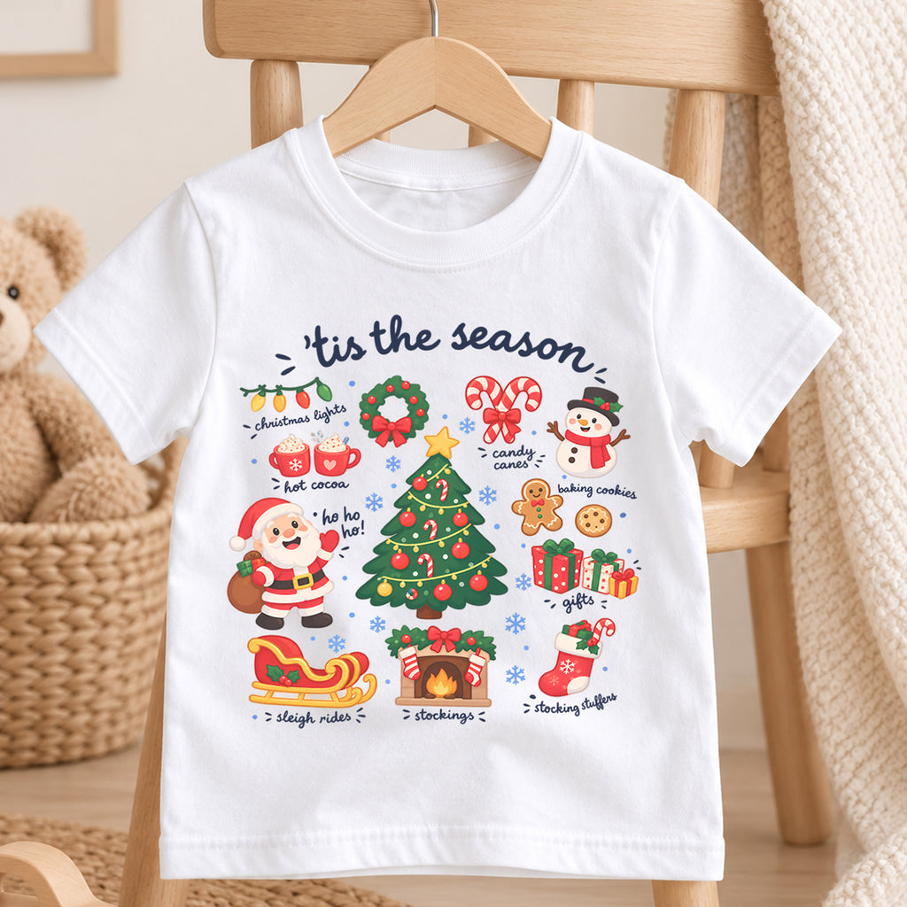 Tis the Season Kids Christmas Shirt, Santa Tree Holiday T Shirt, Cute Xmas Outfit for Kids, Festive Holiday Gift for Boys and Girls — product view 4