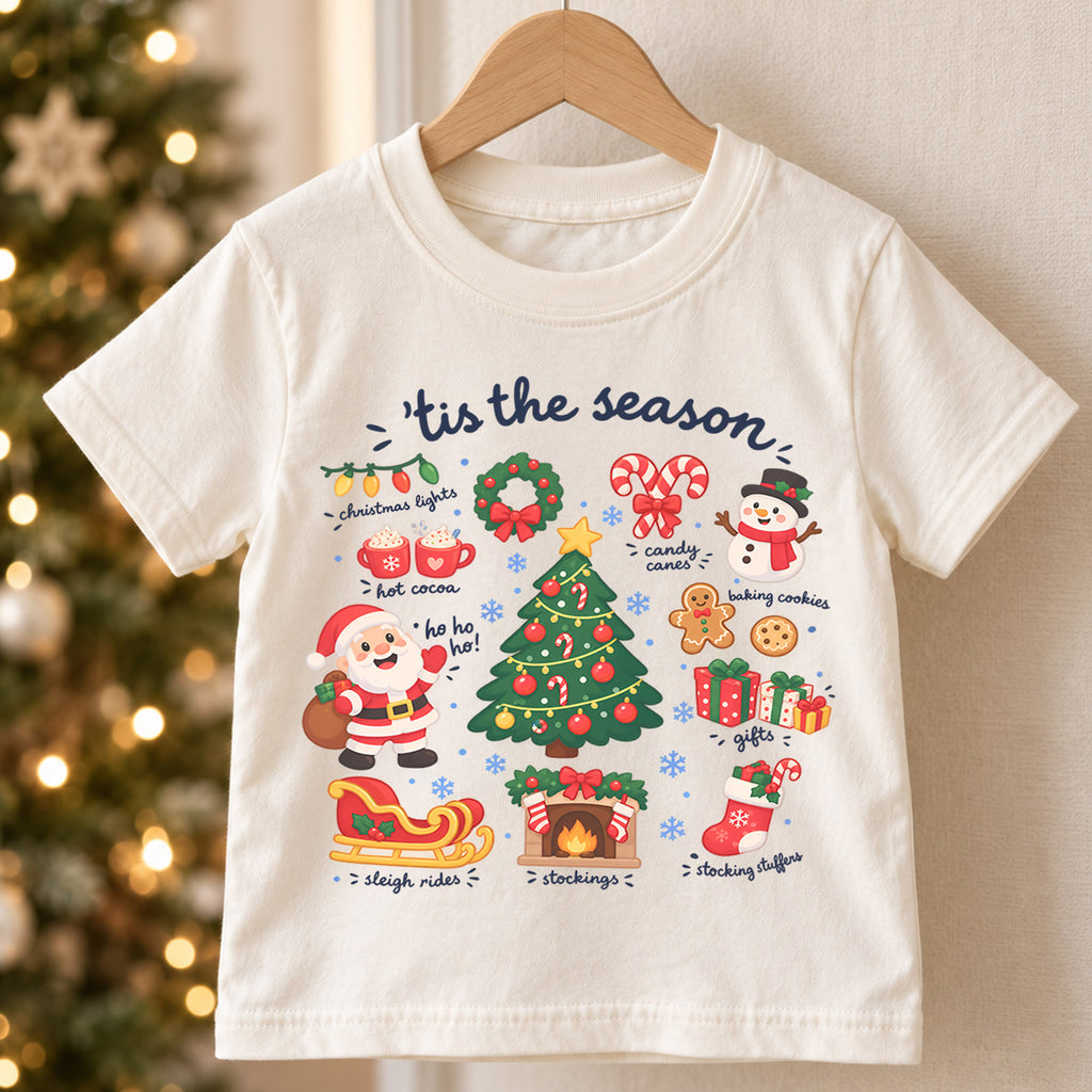 Tis the Season Kids Christmas Shirt, Santa Tree Holiday T Shirt, Cute Xmas Outfit for Kids, Festive Holiday Gift for Boys and Girls — product view 5
