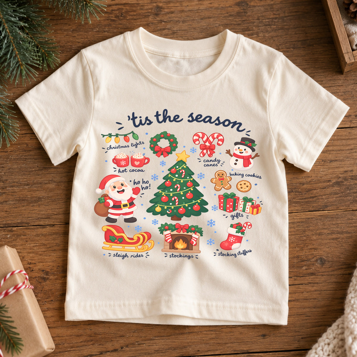 Tis the Season Kids Christmas Shirt, Santa Tree Holiday T Shirt, Cute Xmas Outfit for Kids, Festive Holiday Gift for Boys and Girls — product view 7