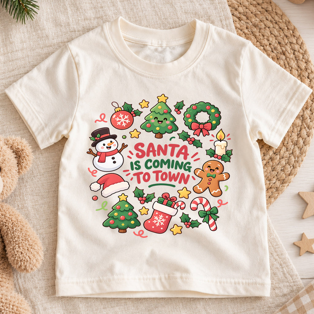 Santa Is Coming to Town Kids Shirt, Cute Holiday T Shirt, Christmas Outfit for Boys and Girls, Festive Xmas Gift for Young Children — product view 1