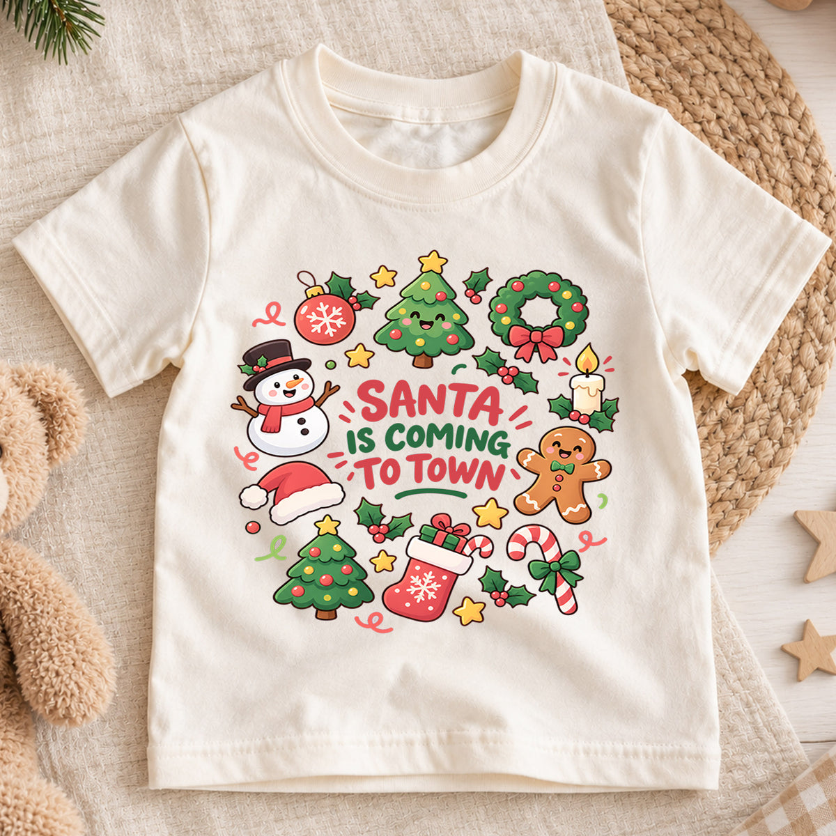 Santa Is Coming to Town Kids Shirt, Cute Holiday T Shirt, Christmas Outfit for Boys and Girls, Festive Xmas Gift for Young Children — product view 1
