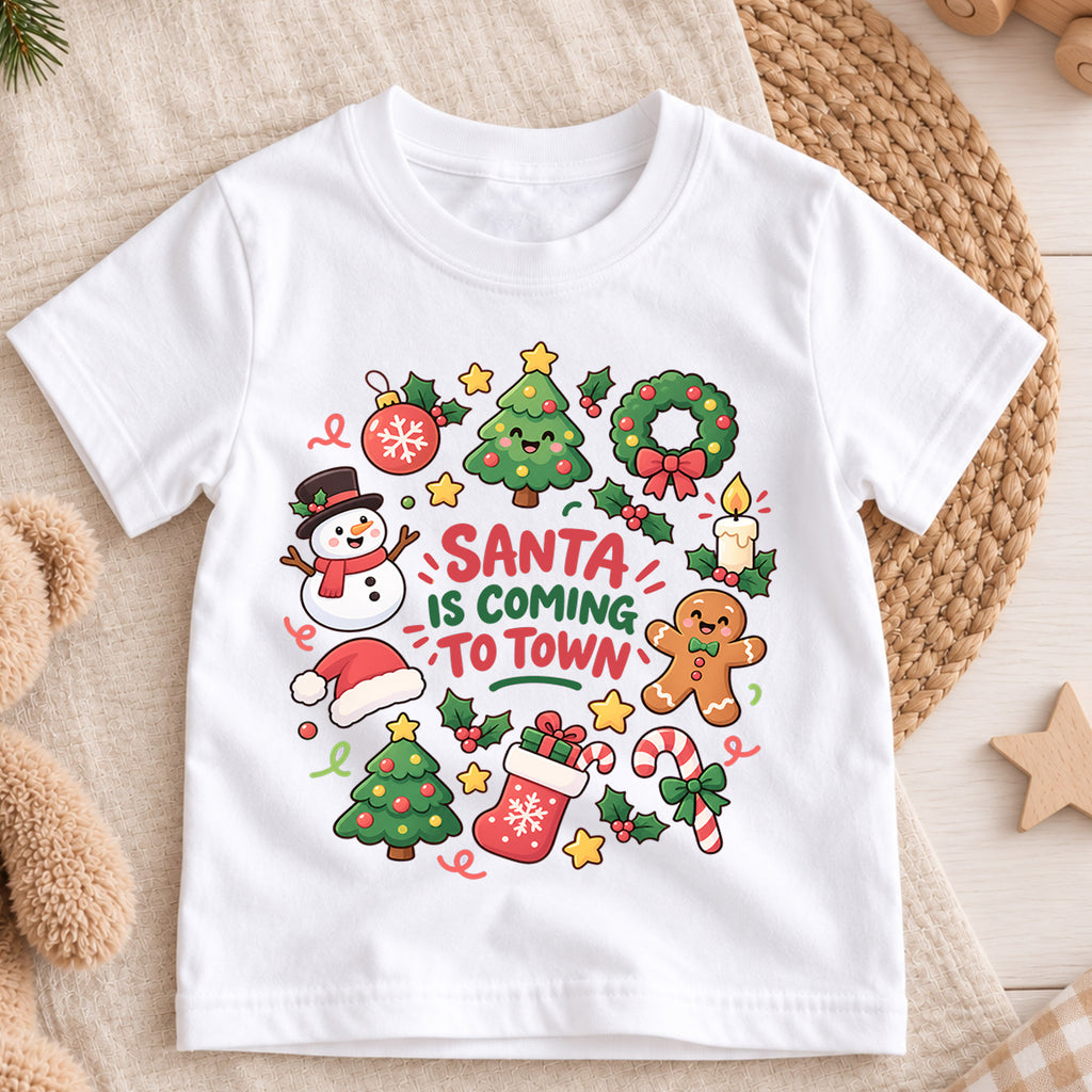 Santa Is Coming to Town Kids Shirt, Cute Holiday T Shirt, Christmas Outfit for Boys and Girls, Festive Xmas Gift for Young Children — product view 3