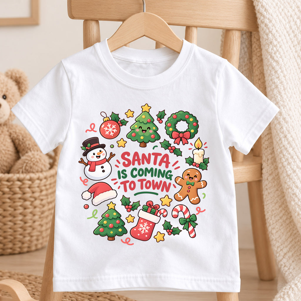Santa Is Coming to Town Kids Shirt, Cute Holiday T Shirt, Christmas Outfit for Boys and Girls, Festive Xmas Gift for Young Children — product view 4