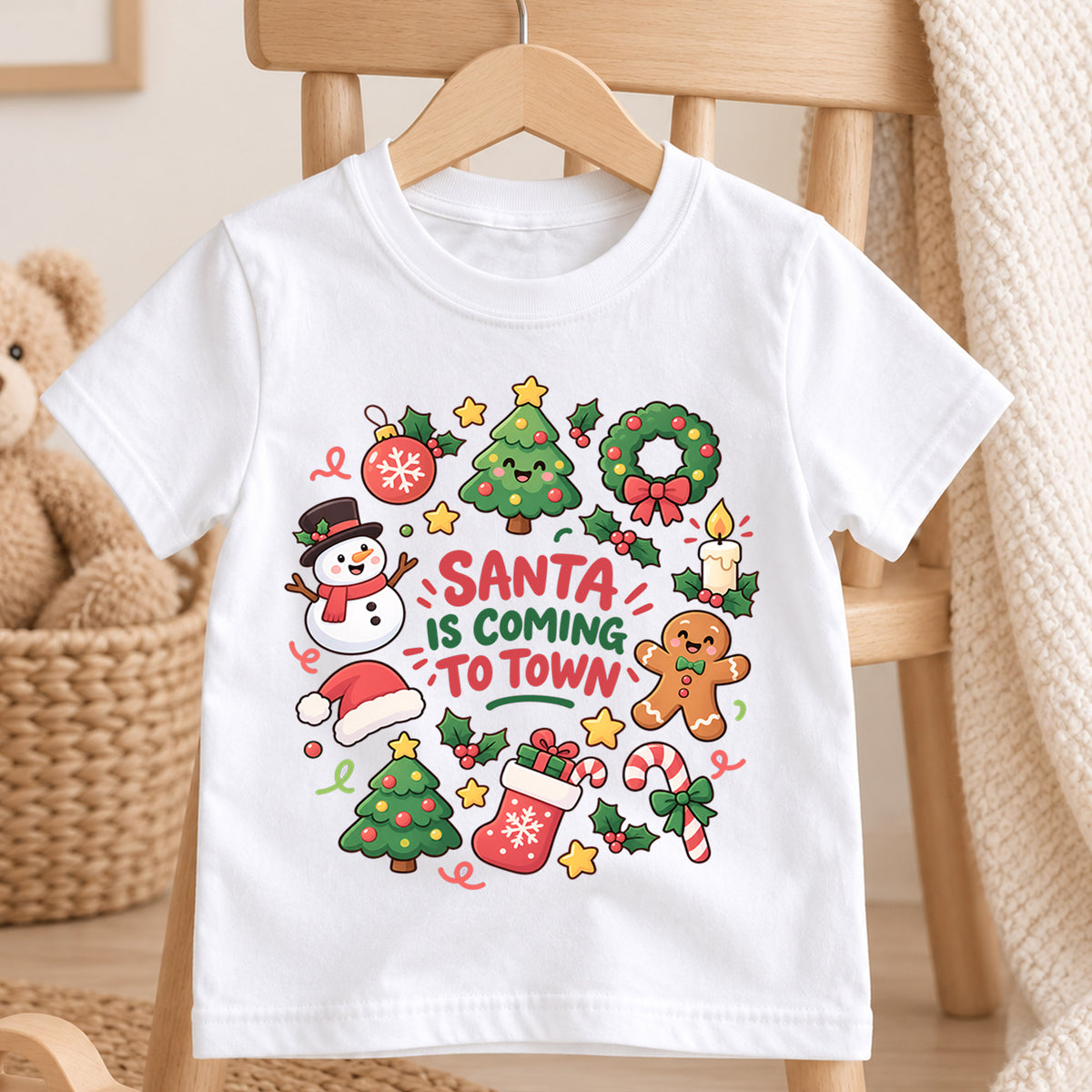 Santa Is Coming to Town Kids Shirt, Cute Holiday T Shirt, Christmas Outfit for Boys and Girls, Festive Xmas Gift for Young Children — product view 4