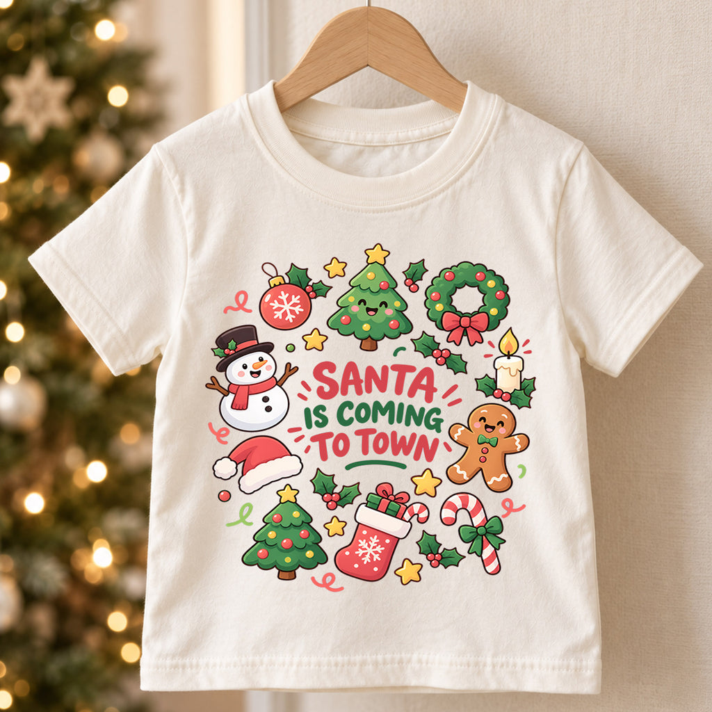 Santa Is Coming to Town Kids Shirt, Cute Holiday T Shirt, Christmas Outfit for Boys and Girls, Festive Xmas Gift for Young Children — product view 5
