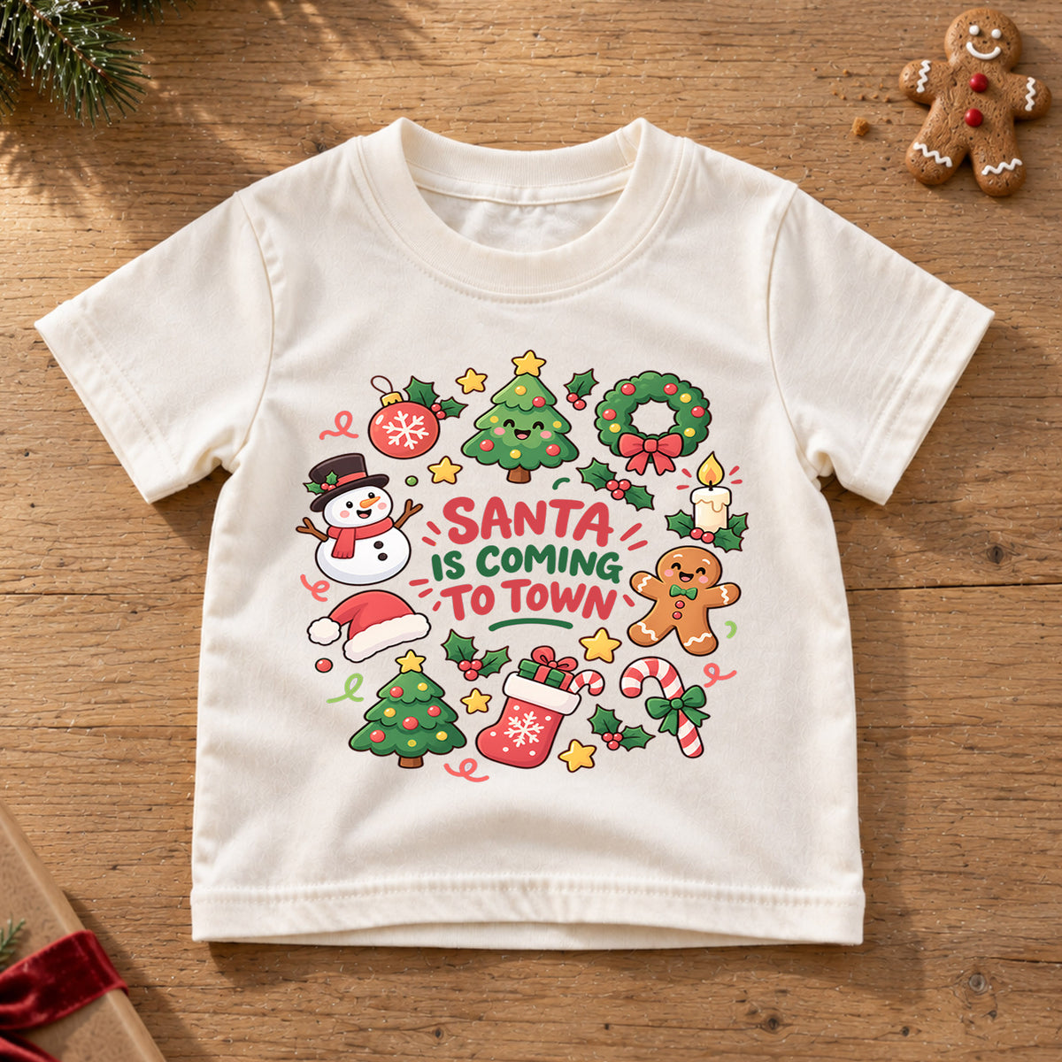 Santa Is Coming to Town Kids Shirt, Cute Holiday T Shirt, Christmas Outfit for Boys and Girls, Festive Xmas Gift for Young Children — product view 6