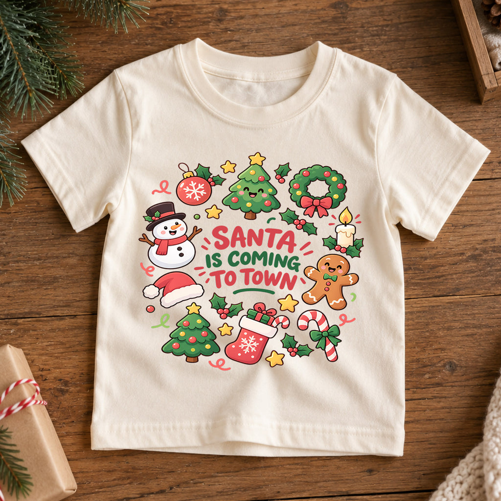 Santa Is Coming to Town Kids Shirt, Cute Holiday T Shirt, Christmas Outfit for Boys and Girls, Festive Xmas Gift for Young Children — product view 7