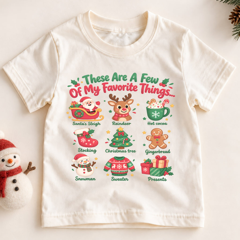 Favorite Things Christmas Shirt for Kids, Santa Reindeer Holiday T Shirt, Cute Xmas Outfit, Festive Christmas Gift for Boys and Girls — product view 2