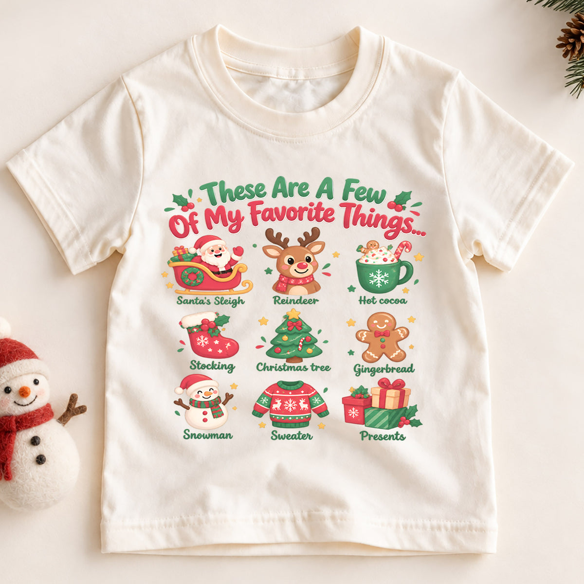 Favorite Things Christmas Shirt for Kids, Santa Reindeer Holiday T Shirt, Cute Xmas Outfit, Festive Christmas Gift for Boys and Girls — product view 2