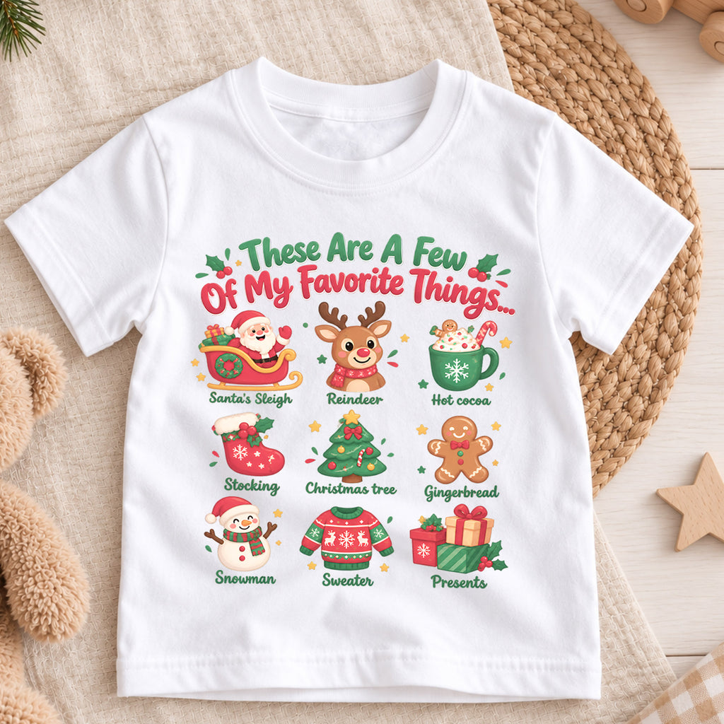 Favorite Things Christmas Shirt for Kids, Santa Reindeer Holiday T Shirt, Cute Xmas Outfit, Festive Christmas Gift for Boys and Girls — product view 3