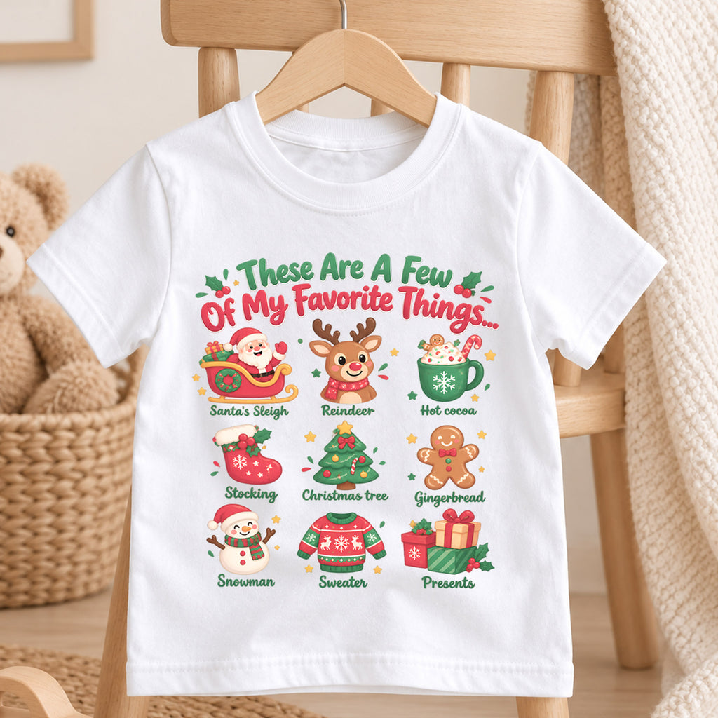 Favorite Things Christmas Shirt for Kids, Santa Reindeer Holiday T Shirt, Cute Xmas Outfit, Festive Christmas Gift for Boys and Girls — product view 4