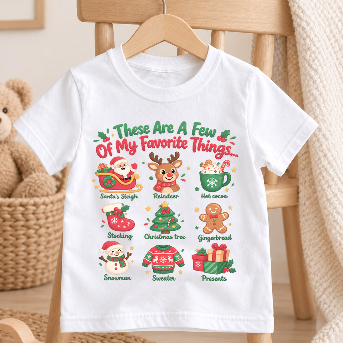 Favorite Things Christmas Shirt for Kids, Santa Reindeer Holiday T Shirt, Cute Xmas Outfit, Festive Christmas Gift for Boys and Girls — product view 4
