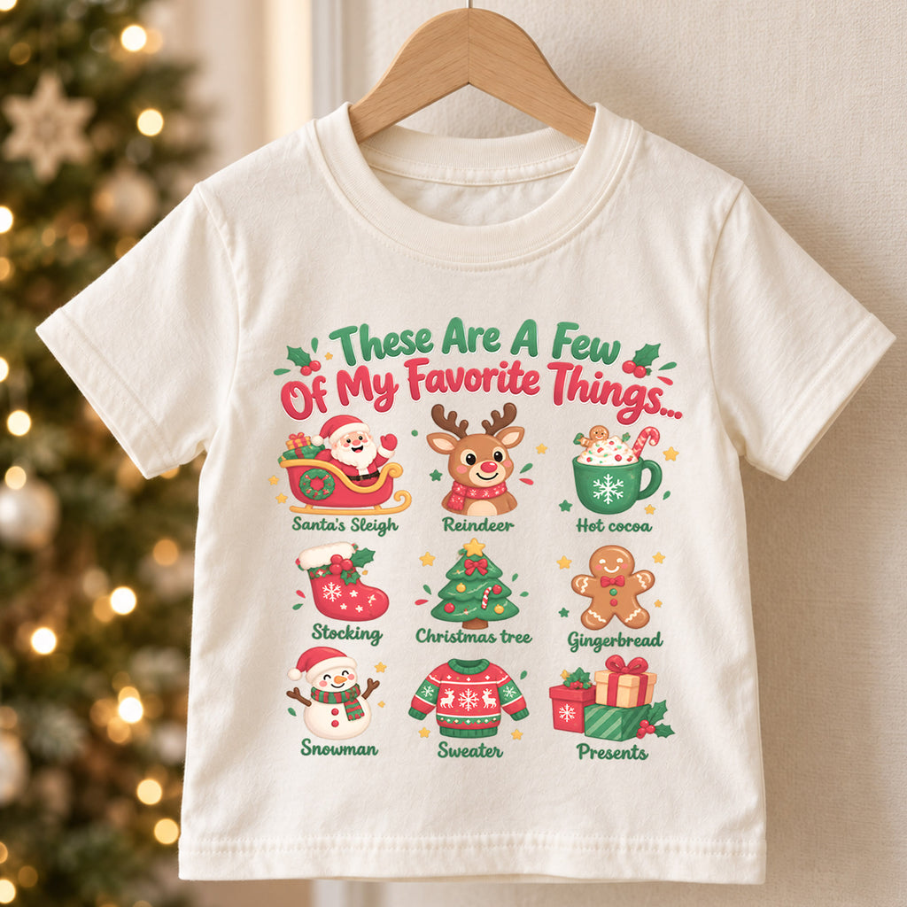 Favorite Things Christmas Shirt for Kids, Santa Reindeer Holiday T Shirt, Cute Xmas Outfit, Festive Christmas Gift for Boys and Girls — product view 5