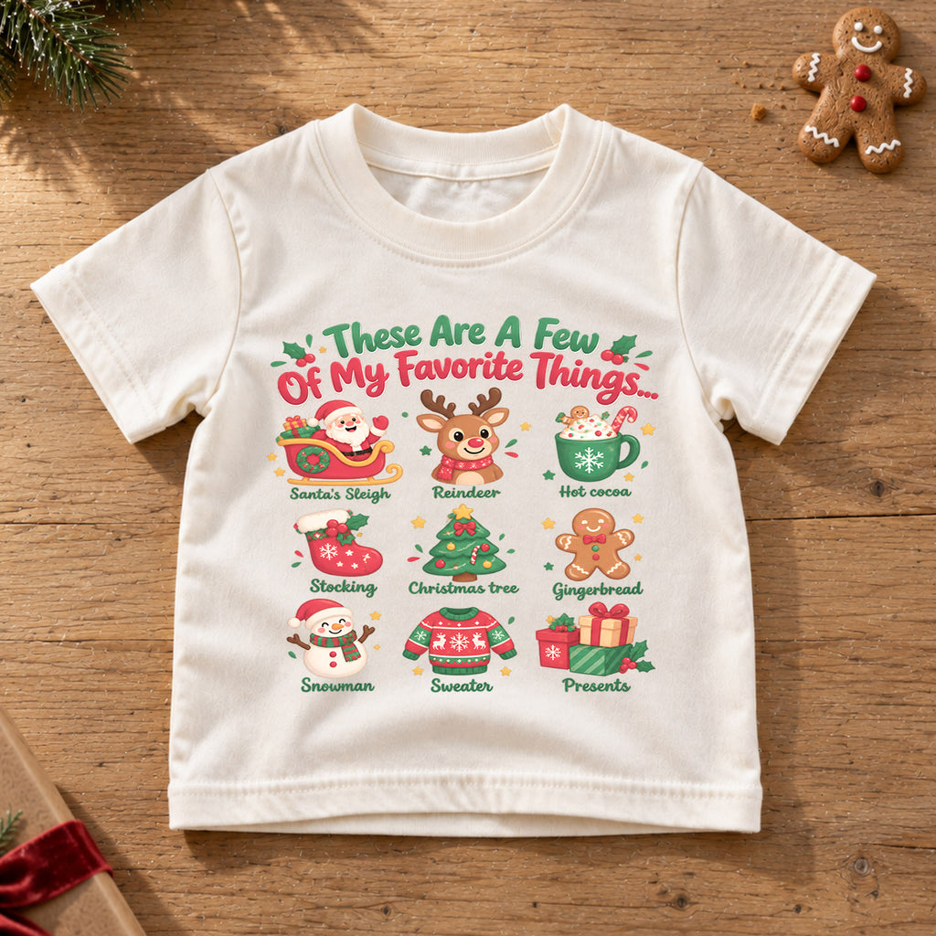 Favorite Things Christmas Shirt for Kids, Santa Reindeer Holiday T Shirt, Cute Xmas Outfit, Festive Christmas Gift for Boys and Girls — product view 6