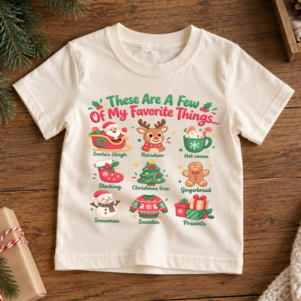 Favorite Things Christmas Shirt for Kids, Santa Reindeer Holiday T Shirt, Cute Xmas Outfit, Festive Christmas Gift for Boys and Girls — product view 7