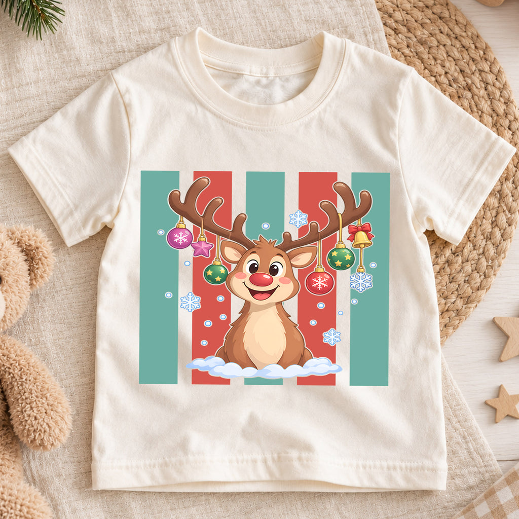 Christmas Reindeer Kids Shirt, Retro Stripe Holiday T Shirt, Cute Christmas Outfit for Children, Festive Xmas Gift for Boys and Girls — product view 1