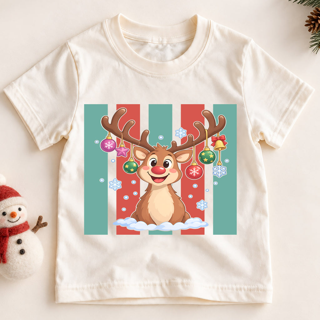 Christmas Reindeer Kids Shirt, Retro Stripe Holiday T Shirt, Cute Christmas Outfit for Children, Festive Xmas Gift for Boys and Girls — product view 2